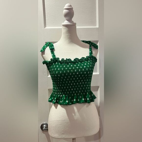Zara green and white polk dot tank top with adjustable tie straps Size M - Picture 4 of 6